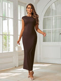 XinFSh Women Plus Size Formal Maxi Dress Cap Sleeve Crew Neck Brown - Size L by Deal US