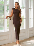 XinFSh Women Plus Size Formal Maxi Dress Cap Sleeve Crew Neck Brown - Size L by Deal US