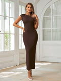 XinFSh Women Plus Size Formal Maxi Dress Cap Sleeve Crew Neck Brown - Size L by Deal US