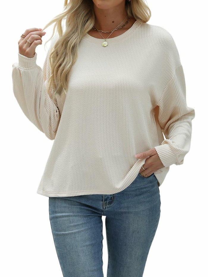 Nfsion Womens Casual Long Sleeve Crewneck Ribbed Shirt Apricot Size S by Deal US