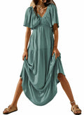 Acelitt Women's Maxi Dress V Neck Short Sleeve Black Size Small by Deal US