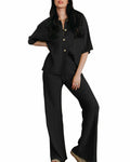 Imily Bela Womens Hollow Out Knit Cardigan & Wide Leg Pants Set Black Size M by Deal US