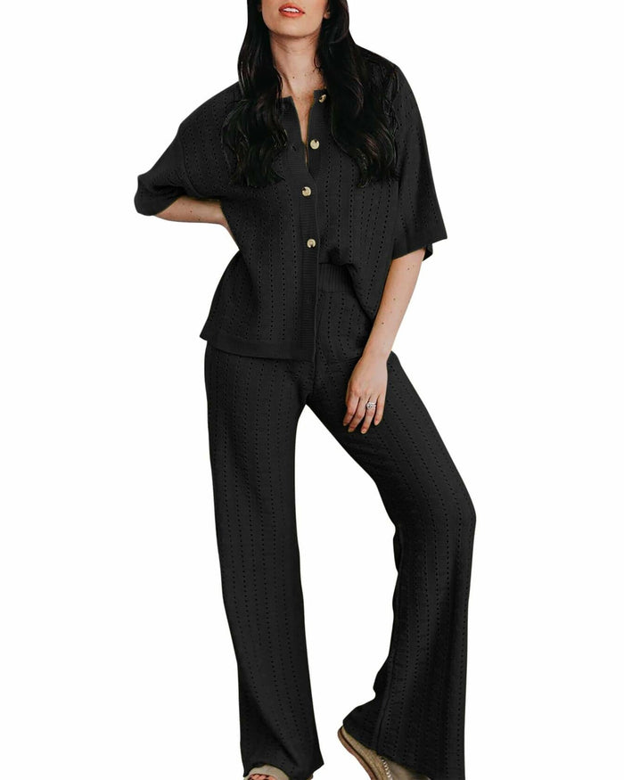 Imily Bela Womens Hollow Out Knit Cardigan & Wide Leg Pants Set Black Size M by Deal US