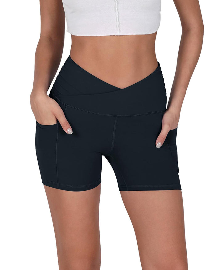 ODODOS Gathered Cross Waist Yoga Shorts with Pockets Navy Size XS by Deal US