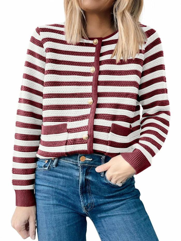 ANRABESS Women's Tweed Knit Cardigan White Red Stripe Size Small by Deal US