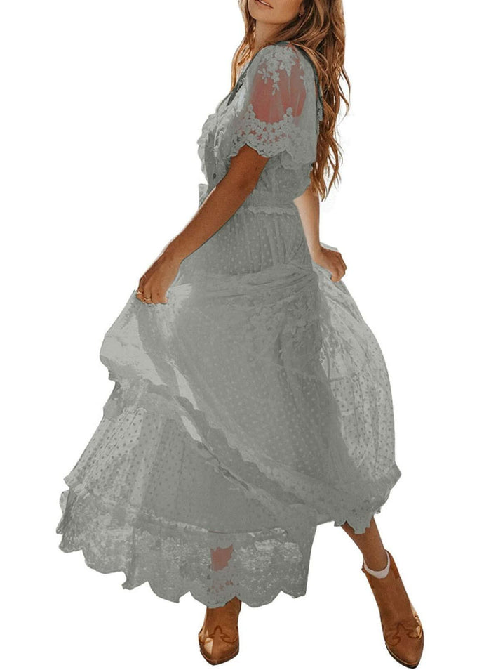 Happy Sailed Womens Gray Floral Lace Maxi Dress V Neck Button Down Size M by Deal US