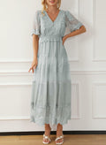 Happy Sailed Womens Gray Floral Lace Maxi Dress V Neck Button Down Size M by Deal US