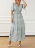 Happy Sailed Womens Gray Floral Lace Maxi Dress V Neck Button Down Size M by Deal US
