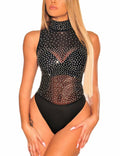 SEBOWEL Women's Studded Mock Neck Sleeveless Bodysuit Black Size M by Deal US
