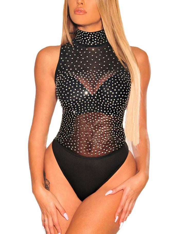SEBOWEL Women's Studded Mock Neck Sleeveless Bodysuit Black Size M by Deal US