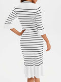 Wenrine Womens White Striped Sweater Dress V Neck Midi Knit Size M by Deal US