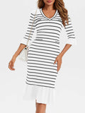 Wenrine Womens White Striped Sweater Dress V Neck Midi Knit Size M by Deal US