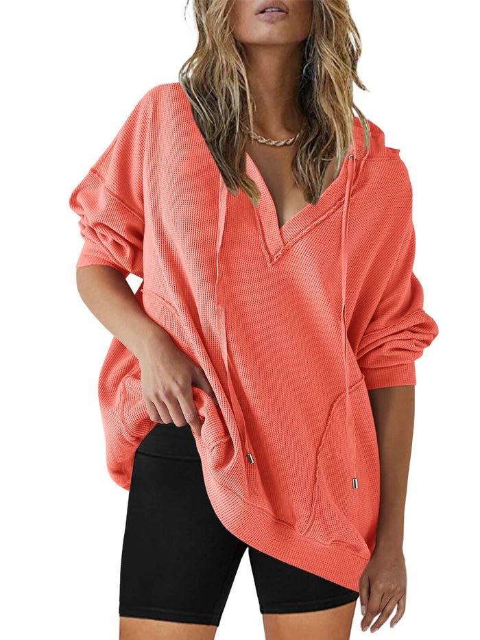 SENSERISE Womens Oversized Melon Red V Neck Hoodie Sweatshirt Size S by Deal US