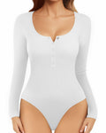 MANGOPOP Long Sleeve Ribbed Bodysuit Tummy Control Henley Scoop Neck Size S by Deal US