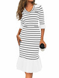 Wenrine Womens White Striped Sweater Dress V Neck Midi Knit Size M by Deal US