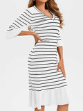 Wenrine Womens White Striped Sweater Dress V Neck Midi Knit Size M by Deal US