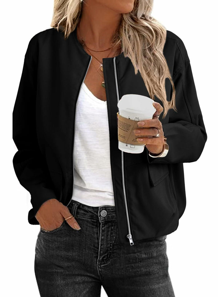 EVALESS Women's Bomber Jacket Lightweight Zip Up Black Size XXL by Deal US
