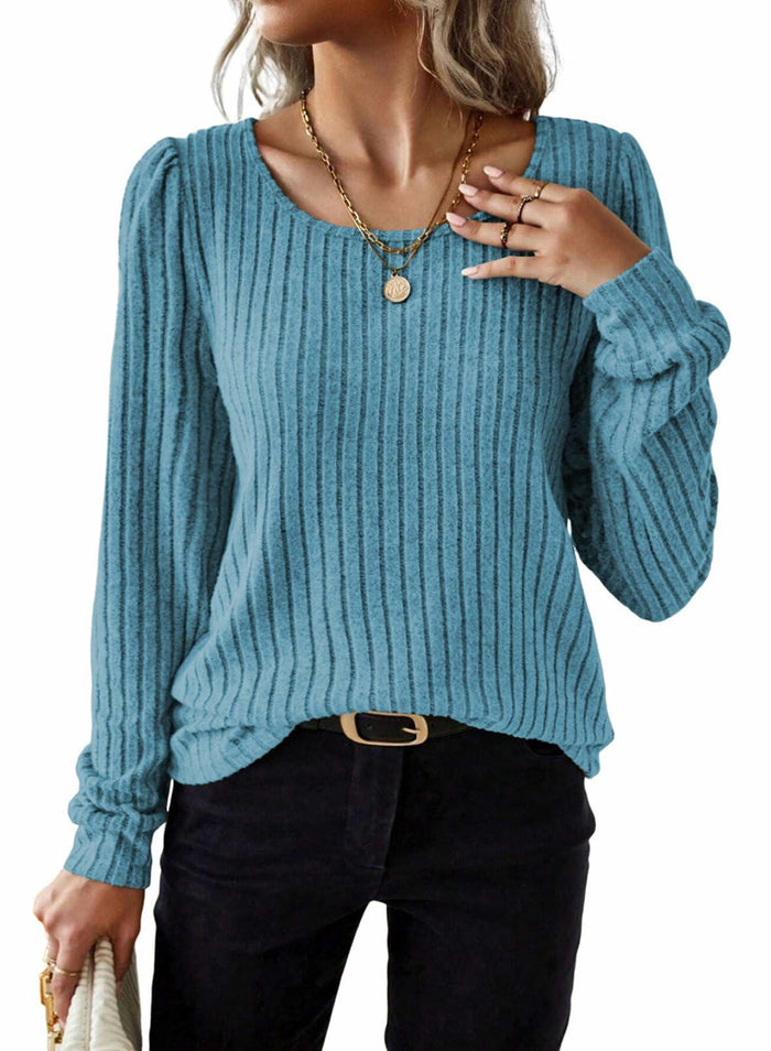 Samefar Womens Ribbed Long Sleeve Round Neck Top Blue Size Small by Deal US