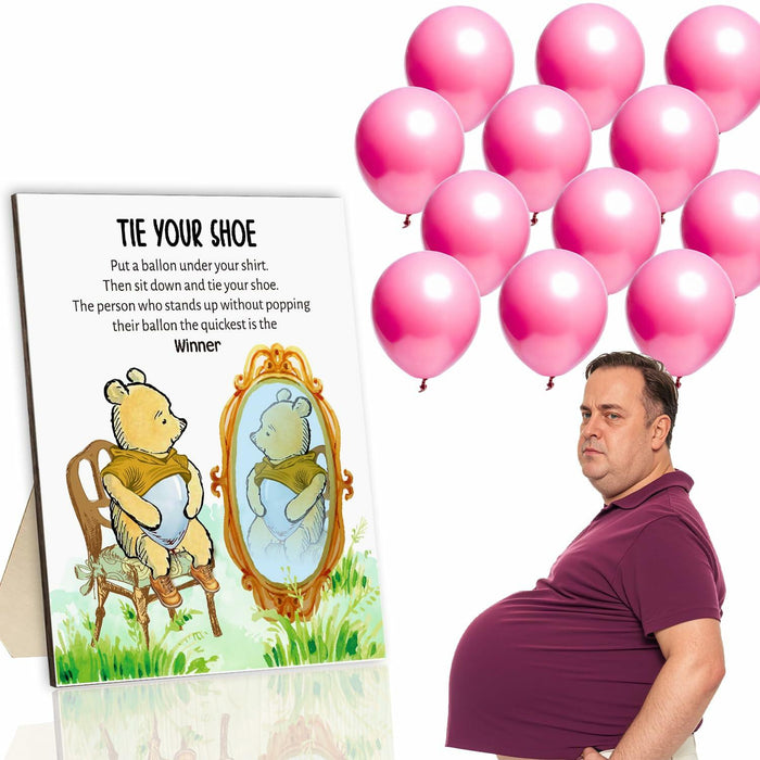 Tie Your Shoe Baby Shower Game Winnie Bear Wood Frame Pink Balloon 50 Pcs by Deal US