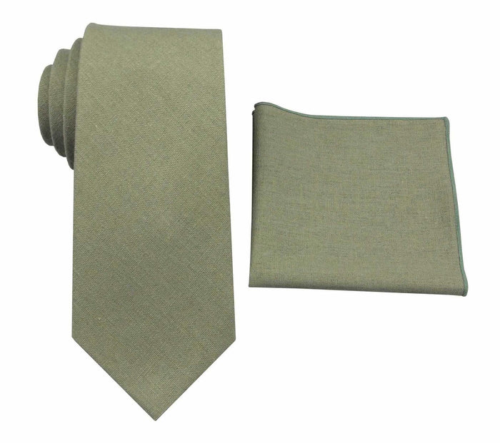 Mens Solid Linen Tie and Pocket Square Set Extra Long Sage Green Size Regular by Deal US