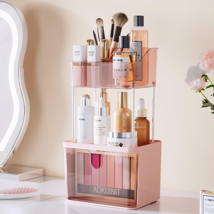 Delamu 3-Tier Makeup Organizer with Drawers & 6-Grid Top Pink Vanity Storage by Deal US