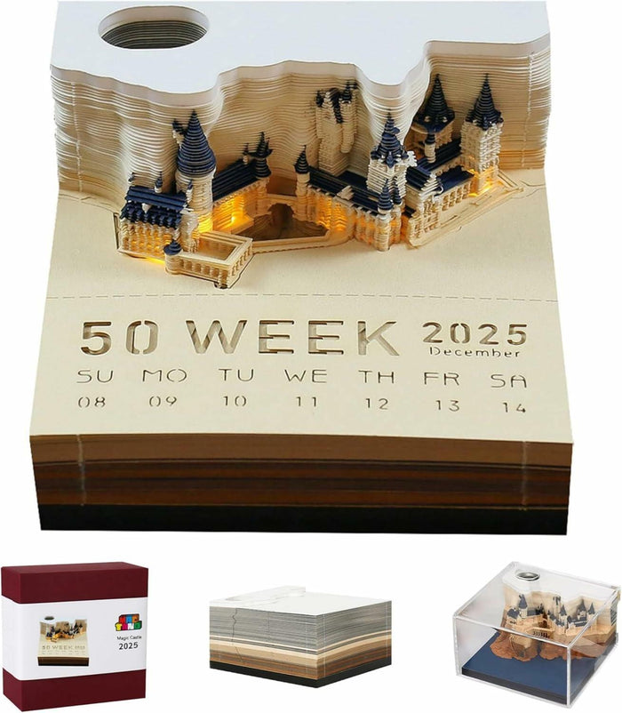 Time Piece 2025 Desk Calendar 3D Carving LED Light Castle Desktop by Deal US