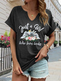 Women Book Lovers Graphic Tee V Neck Short Sleeve Dark Gray - Size M by Deal US