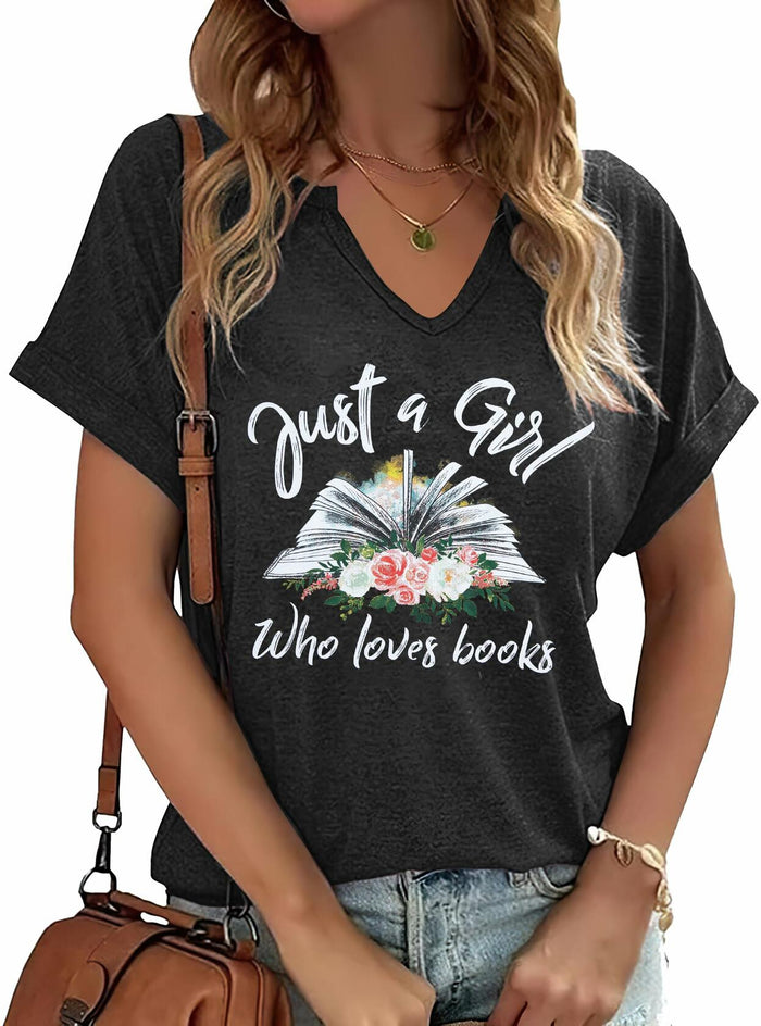 Women Book Lovers Graphic Tee V Neck Short Sleeve Dark Gray Size XL by Deal US