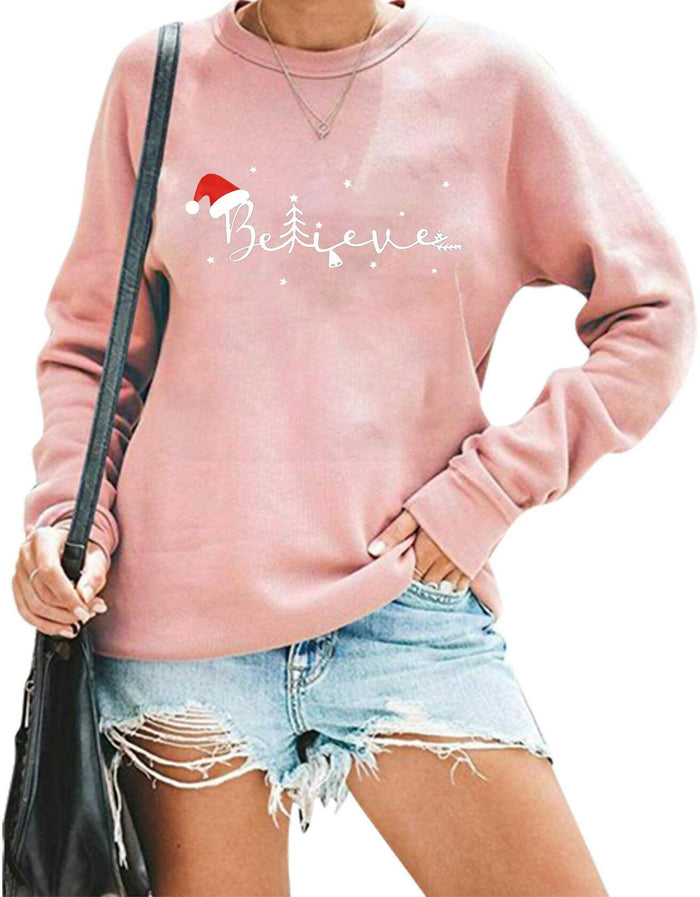 FASHGL Believe Sweatshirt Women Funny Christmas Hat Graphic Pink Size 2XL by Deal US