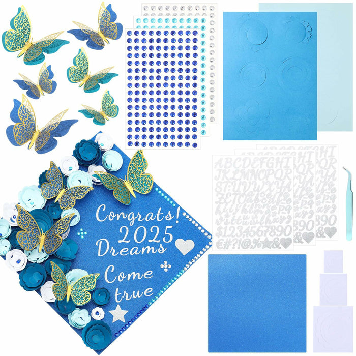 Knitgrip Graduation Cap Decoration Kit 98 Pc Blue Faux Flowers Butterfly by Deal US