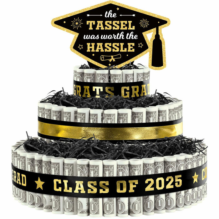 3 Tier Black Gold Graduation Cap Cake Party Decor Gifts Class of 2025 by Deal US