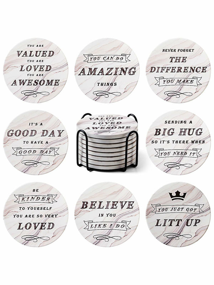 White Elephant Marble Ceramic Drink Coasters Set of 8 with Holder by Deal US