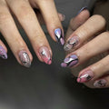 Summer Press On Nails Medium Almond Nude Pink Silver Star Rhinestones 24 Pc by Deal US