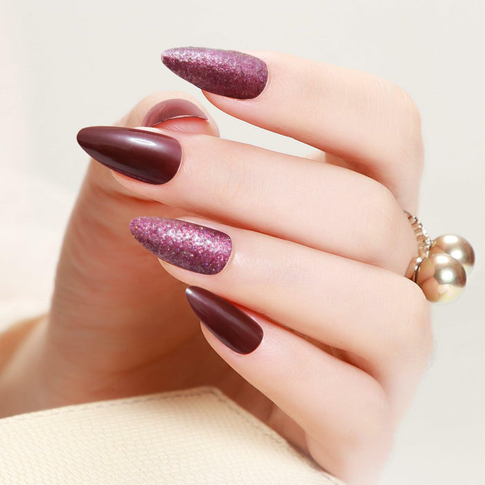 Yersunsy 24Pcs Almond Long Press On Nails Glitter Bling Wine Red by Deal US