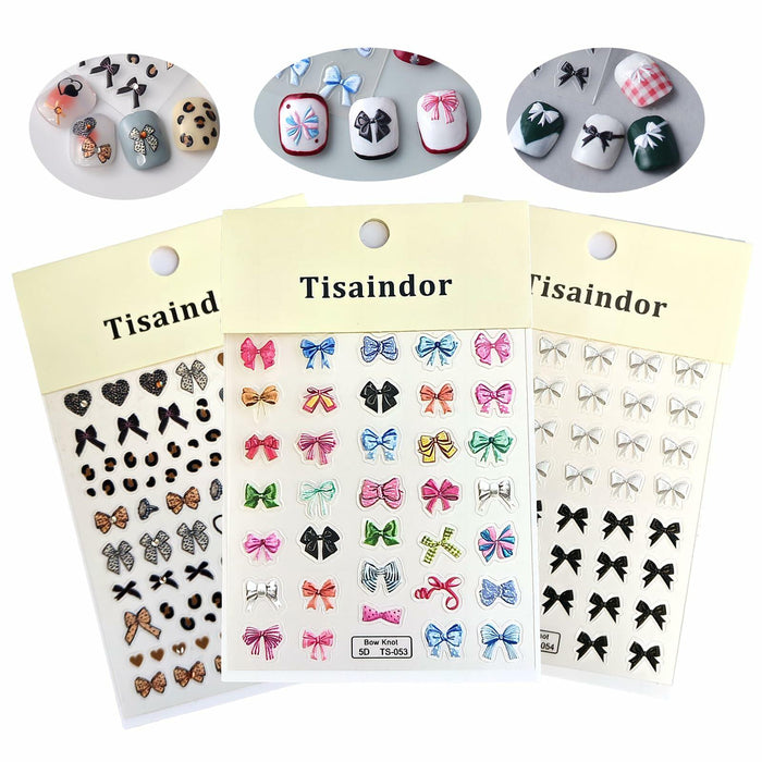 Tisaindor 5D Embossed Bow Nail Art Stickers 3 Sheets Colorful Self Adhesive by Deal US