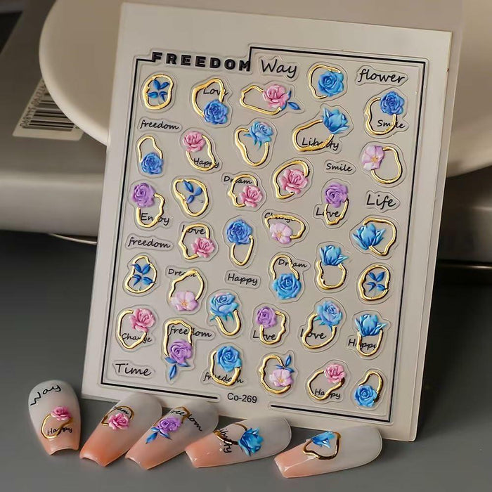 Tisaindor 5D Embossed Flower Nail Art Stickers 3 Sheets Rose Colorful by Deal US