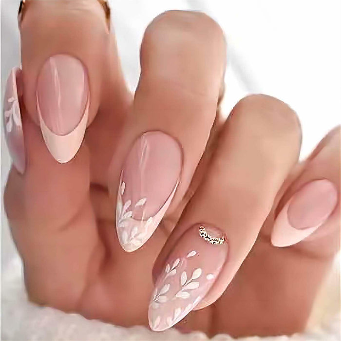 RUOKEXIN Pink Press On Nails Medium Almond French White Tip Glitter Leaves by Deal US