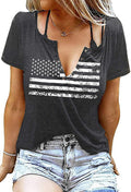 Womens Patriotic V Neck T Shirt American Flag Graphic Dark Gray Size XL by Deal US