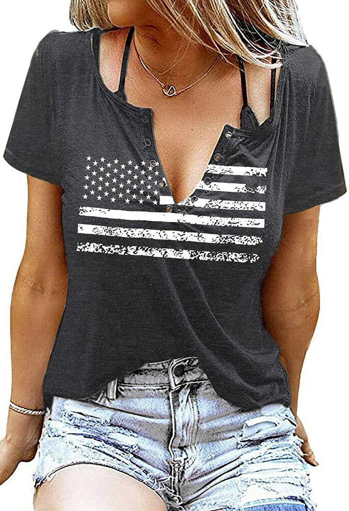 Womens Patriotic V Neck T Shirt American Flag Graphic Dark Gray Size XL by Deal US