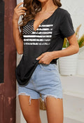 Womens Patriotic V Neck T Shirt American Flag Graphic Dark Gray Size XL by Deal US