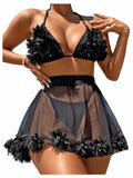OYOANGLE Women's 3-Piece Halter Triangle Bikini Swimsuit Mesh Skirt Black M by Deal US