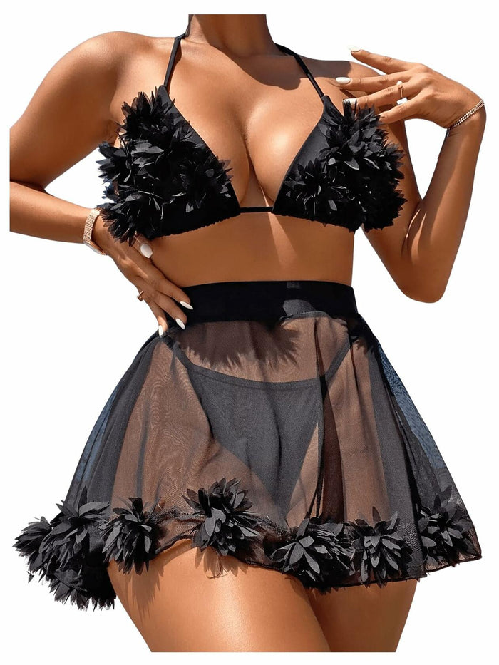 OYOANGLE Women's 3-Piece Halter Triangle Bikini Swimsuit Mesh Skirt Black M by Deal US