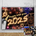 New Year 2025 Backdrop 10x8ft Champagne Clock Firework Photo Booth by Deal US