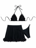 OYOANGLE Women's 3-Piece Halter Triangle Bikini Swimsuit Mesh Skirt Black M by Deal US