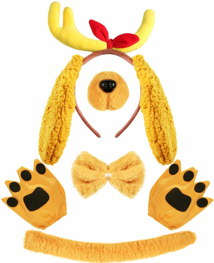 PAJXNJC Deer Antler Headband Set Dog Ears Nose Bow Tie Tail Gloves Yellow by Deal US