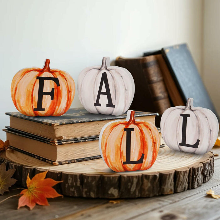 Popest 4 PCS Fall Pumpkin Decor Wood Sign Block Set White Farmhouse by Deal US