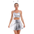 Alien Costume Women Metallic Crop Top Skirt Headband Silver Size 2XL by Deal US