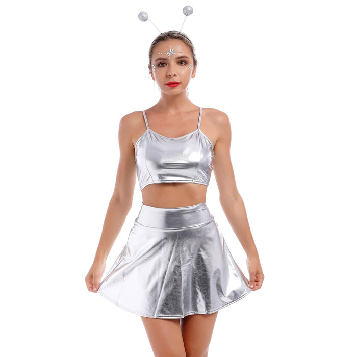 Alien Costume Women Metallic Crop Top Skirt Headband Silver Size 2XL by Deal US