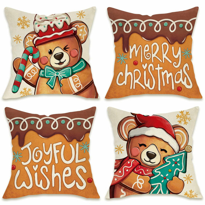 Fahrendom Christmas Bear Deer Throw Pillow Covers 18x18 Set of 4 Pink by Deal US