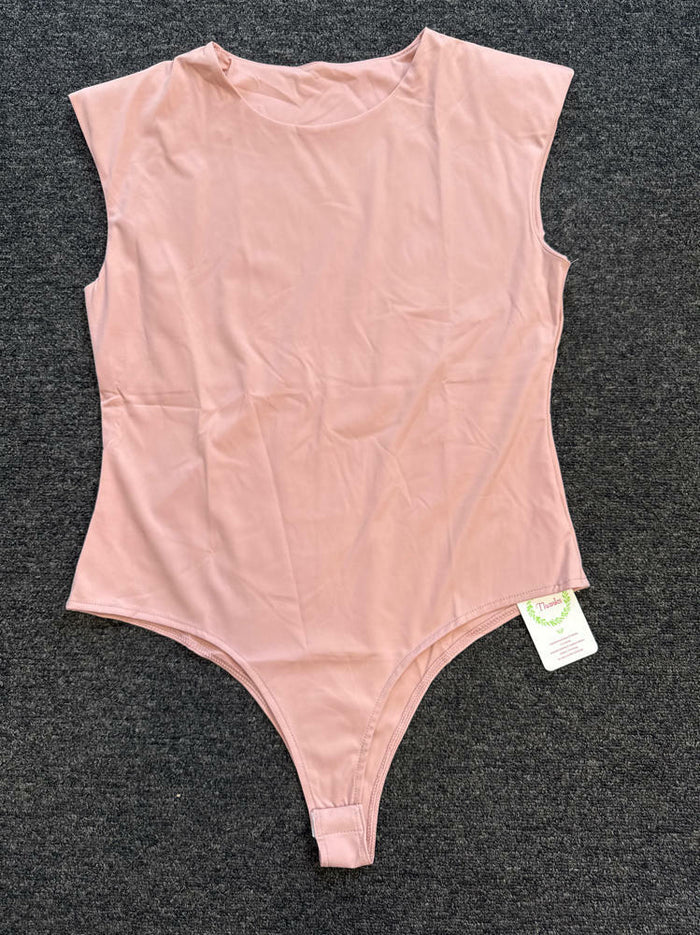 Women Sleeveless Pads Shoulder Bodycon Bodysuit Tank Top Pink Size XL by Deal US
